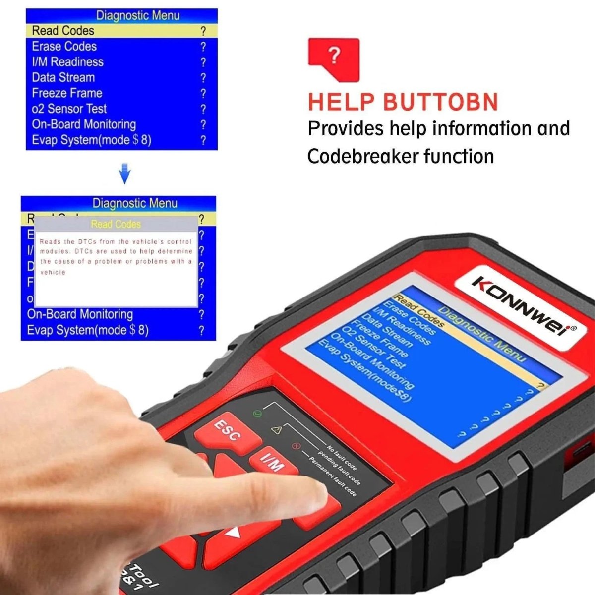 MANDOTOS KW850 OBD2 CAN BUS code reader scanner for diagnosing car engine fault codes and vehicle diagnostics.