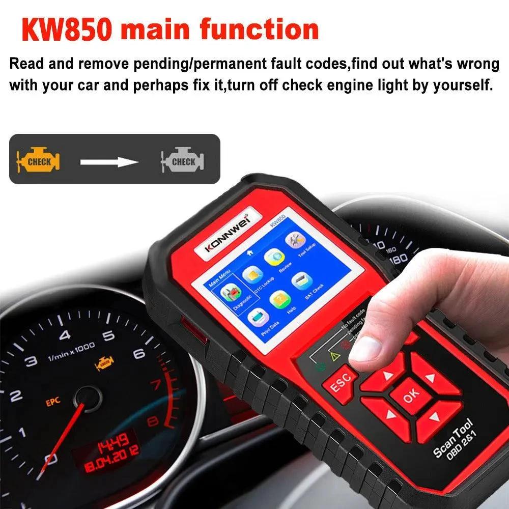 MANDOTOS KW850 OBD2 CAN BUS code reader scanner for diagnosing car engine fault codes and vehicle diagnostics.