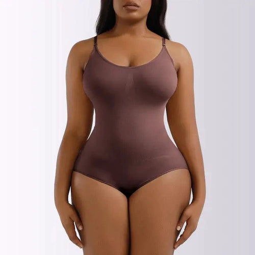 Mandotos Ladies' curve-enhancing shaper bodysuit, seamless design, black color, front view showing adjustable straps and smooth fit.