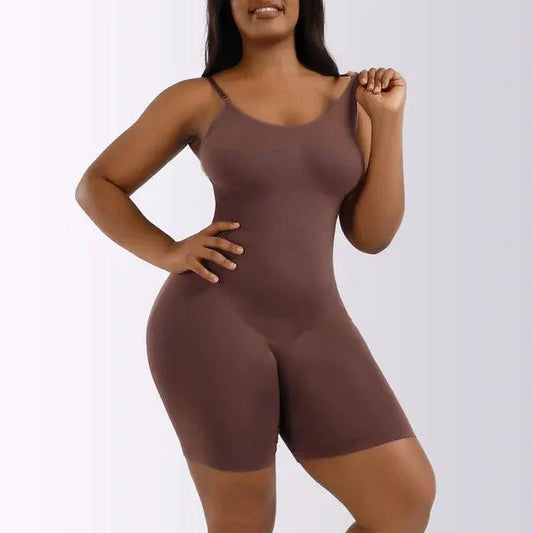 Mandotos ladies' curve-enhancing shaper bodysuit worn by a model, smooths and contours the waist and hips for a flattering fit.