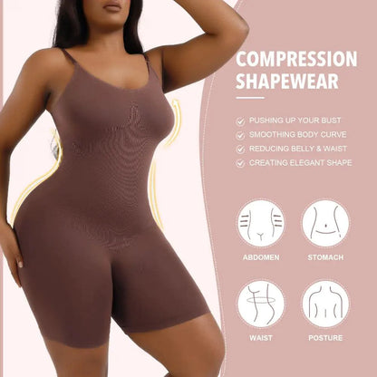 Mandotos ladies' curve-enhancing shaper bodysuit, seamless design, black, close-up view showing fit and fabric texture.