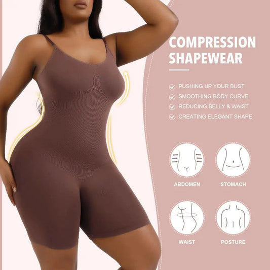 Mandotos ladies' curve-enhancing shaper bodysuit, seamless design, black, close-up view showing fit and fabric texture.