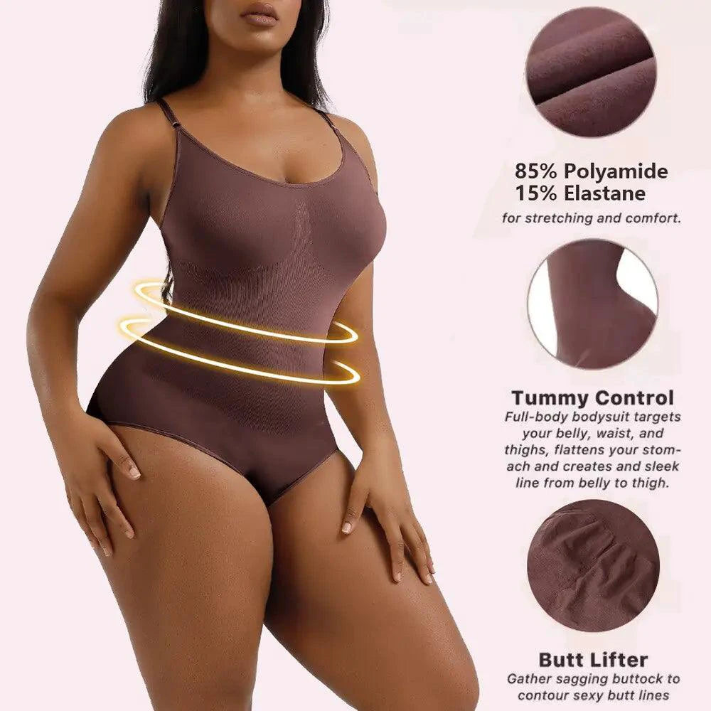 Mandotos ladies' curve-enhancing shaper bodysuit shown on model, smooths and shapes the waist and hips for a flattering fit.