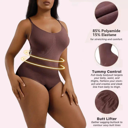 Mandotos ladies' curve-enhancing shaper bodysuit shown on model, smooths and shapes the waist and hips for a flattering fit.