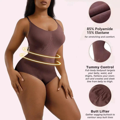 Mandotos ladies' curve-enhancing shaper bodysuit shown on model, smooths and shapes the waist and hips for a flattering fit.
