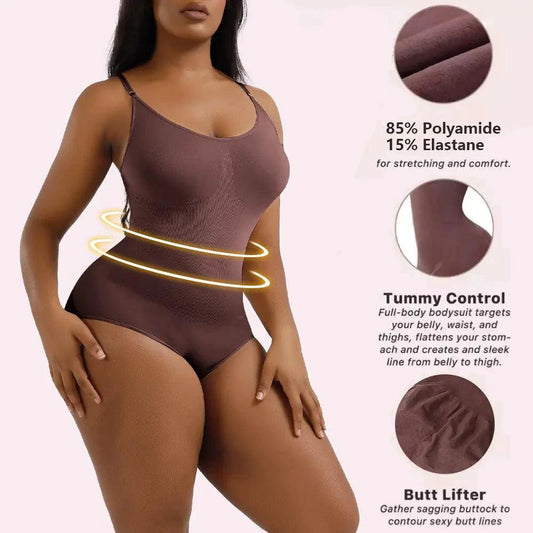 Mandotos ladies' curve-enhancing shaper bodysuit shown on model, smooths and shapes the waist and hips for a flattering fit.