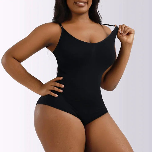 Mandotos ladies' curve-enhancing shaper bodysuit in black, featuring seamless design and adjustable straps for a smooth fit.