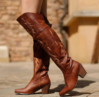 Ladies high heel ethnic embroidered over-the-knee boots by MANDOTOS, featuring intricate embroidery and stylish design.