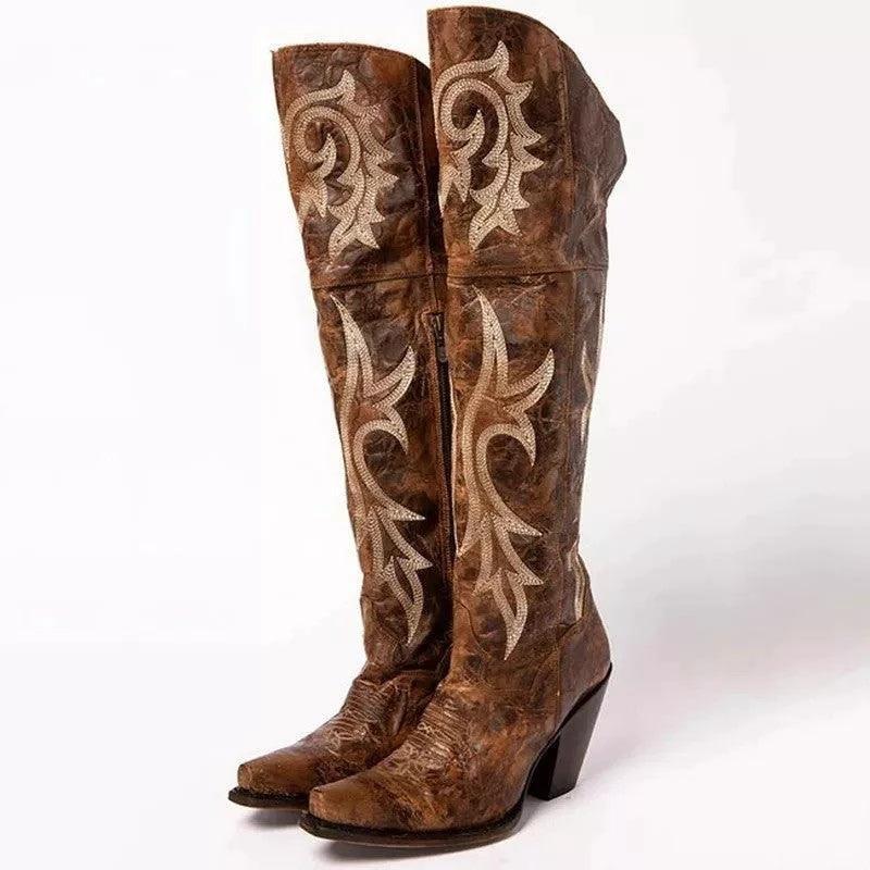 Ladies high heel ethnic embroidered over knee boots by MANDOTOS, showcasing detailed embroidery and stylish design.