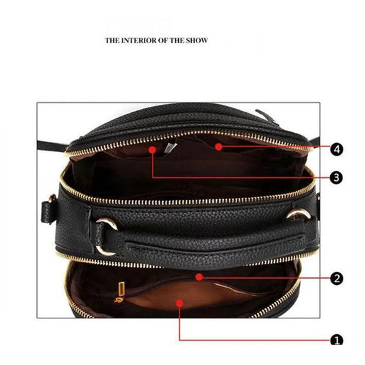 Elegant ladies' luxury leather handbag by MANDOTOS with gold-tone hardware and structured design.