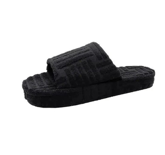 Comfortable ladies' plush slip-on slippers by MANDOTOS with soft, cozy fabric and non-slip soles for indoor wear.