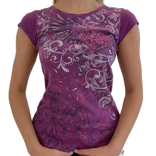 Ladies' retro print crop tee by MANDOTOS featuring vibrant vintage-inspired graphic design and fitted style.