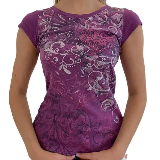 Ladies' retro print crop tee by MANDOTOS featuring vibrant vintage-inspired graphic design and fitted style.