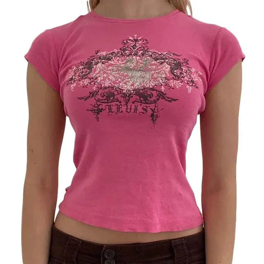 Ladies' retro print crop tee by MANDOTOS featuring colorful vintage-inspired design and short sleeves.