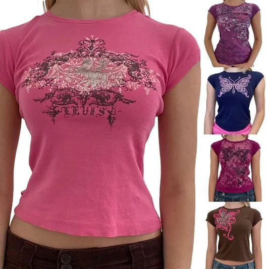 Ladies' retro print crop tee by MANDOTOS featuring vibrant vintage-inspired graphic on soft fabric.