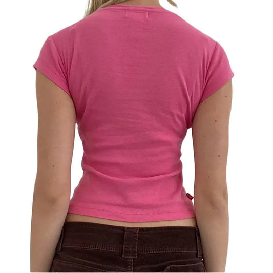Ladies' retro print crop tee by MANDOTOS featuring colorful vintage-inspired design on soft fabric.