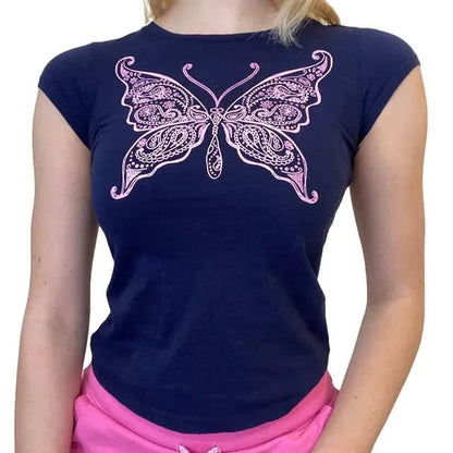 Ladies' retro print crop tee by MANDOTOS featuring vibrant vintage-inspired design and short sleeves.