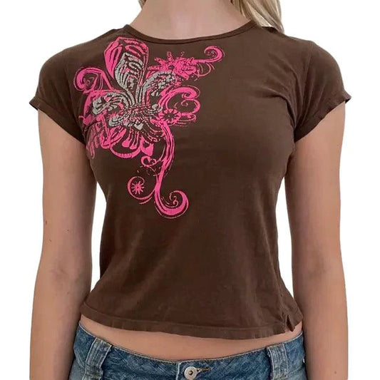 Ladies' retro print crop tee by MANDOTOS featuring colorful vintage-inspired design and short sleeves.