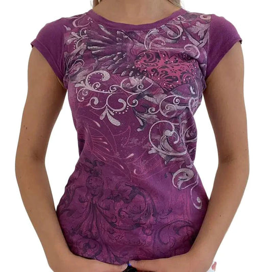 Ladies' retro print crop tee by MANDOTOS featuring vibrant vintage-inspired graphics and a casual, stylish fit.