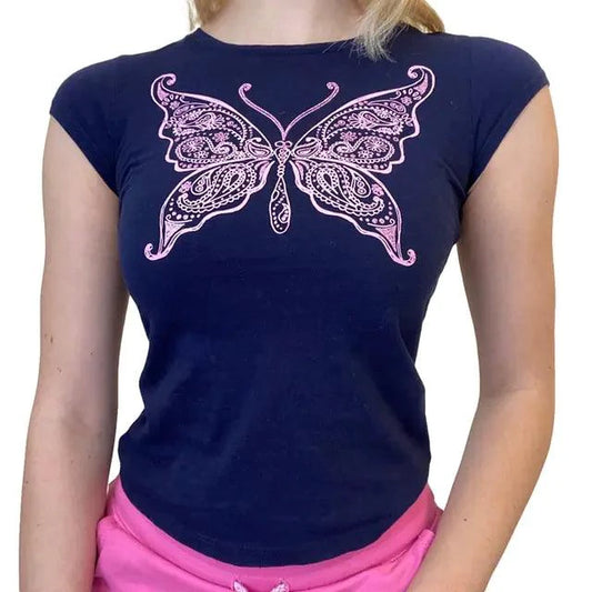 Ladies' retro print crop tee by MANDOTOS featuring vibrant vintage-inspired graphics and a stylish cropped fit.
