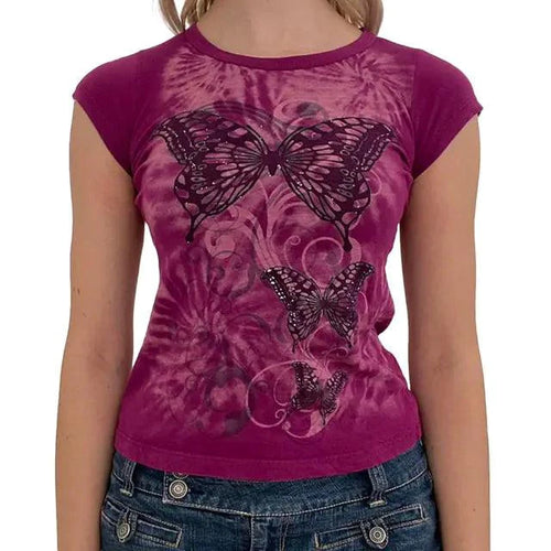Ladies' retro print crop tee by MANDOTOS featuring vibrant vintage-inspired design and short sleeves on a white background.