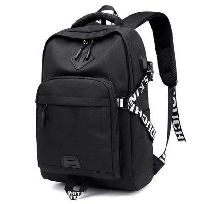 Mandotos laptop backpack with USB charging port, black, with multiple compartments and padded shoulder straps for travel and daily use.