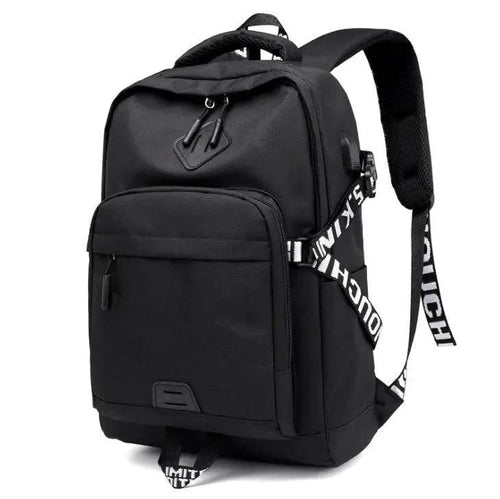 Mandotos laptop backpack with USB charging port, black, with multiple compartments and padded shoulder straps for travel and daily use.