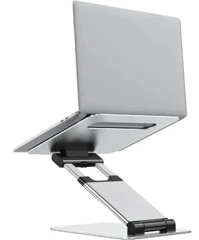 Mandotos laptop stand for desk with 360° rotating base, adjustable height and sturdy design for ergonomic use.