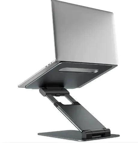 Mandotos laptop stand for desk with 360° rotating base, adjustable height, and ergonomic design for improved workspace comfort.