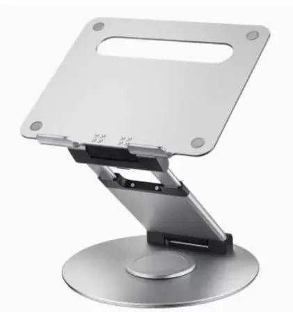 Mandotos laptop stand for desk with 360° rotating base, adjustable height, and sturdy design for ergonomic workspace setup.