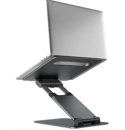 Mandotos laptop stand for desk with 360° rotating base, adjustable height, and modern ergonomic design for workspace comfort.