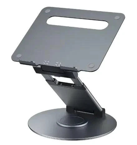 Mandotos laptop stand for desk with 360° rotating base, adjustable height, and ergonomic design for improved workspace comfort.