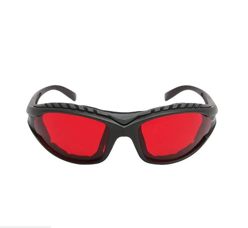 Mandotos LaserGuard OD5 protection glasses with orange and yellow tinted lenses for 500-550nm and 590nm laser safety.