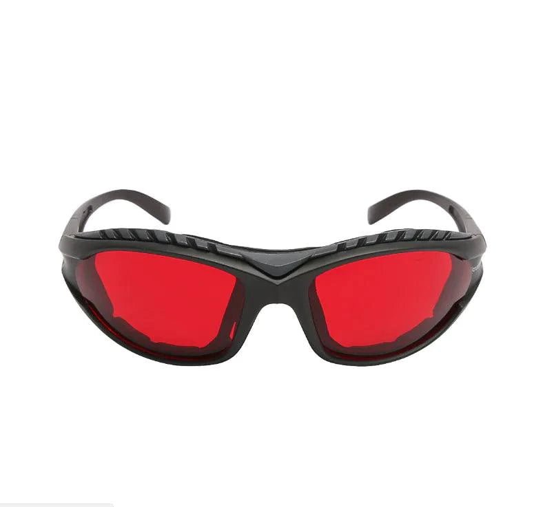 Mandotos LaserGuard OD5 protection glasses with orange and yellow tinted lenses for 500-550nm and 590nm laser safety.