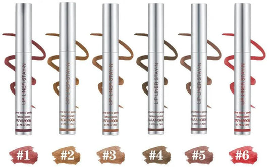 Mandotos Lasting Definition Lip Liner in No Fade, close-up of the sleek black pencil with sharpened tip and product packaging.