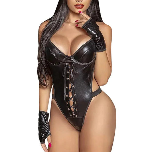 Black latex and leather seductive bodysuit by MANDOTOS, featuring a form-fitting design with cut-out details and adjustable straps.