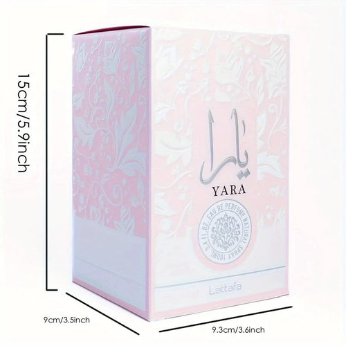 Mandotos LATTAFA Yara Eau de Toilette for women, 3.4 fl oz, long-lasting floral fragrance in a stylish bottle.