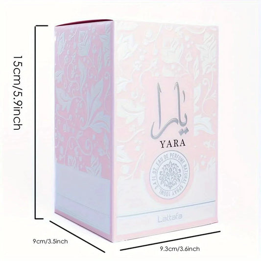 Mandotos LATTAFA Yara Eau de Toilette for women, 3.4 fl oz, long-lasting floral fragrance in a stylish bottle.
