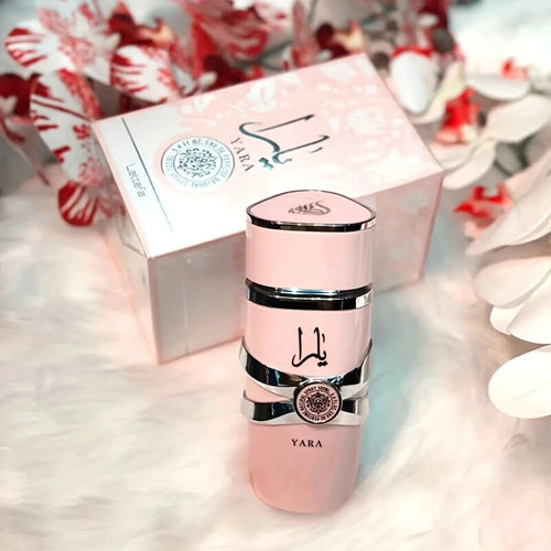 Mandotos LATTAFA Yara Eau de Toilette for Women in 3.4 FL OZ bottle, showcasing elegant perfume packaging and floral design.