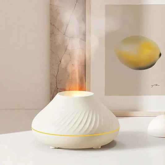 Mandotos Lava Glow Essential Oil Nebulizer emitting a soft glow with mist, showcasing modern diffuser design and calming ambiance.