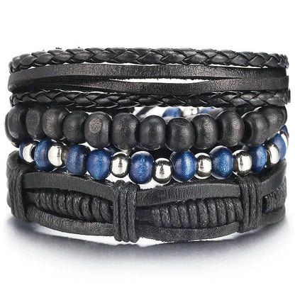 Layered leather charm bracelet with metal and bead accents from MANDOTOS, stylish accessory for casual or boho outfits.