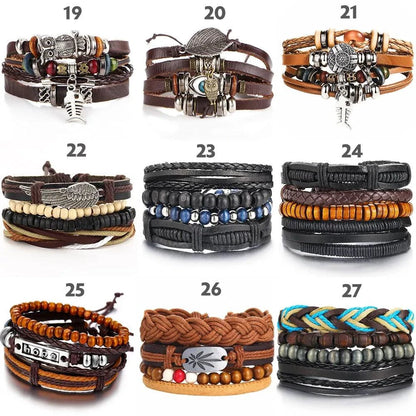 Mandotos layered leather charm bracelet with metal and leather accents, stylish accessory for casual or boho outfits