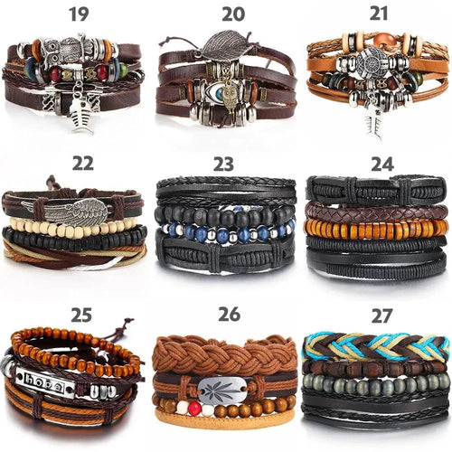 Mandotos layered leather charm bracelet with metal and leather accents, stylish accessory for casual or boho outfits