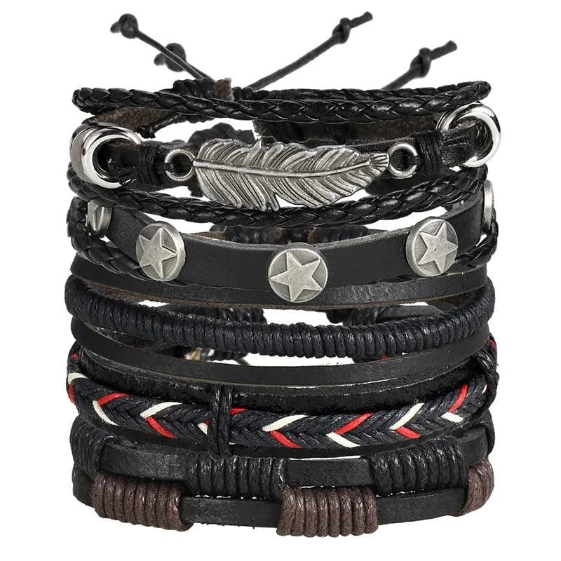 Mandotos layered leather charm bracelet with multiple leather strands and metal charm accents, stylish accessory for everyday wear.