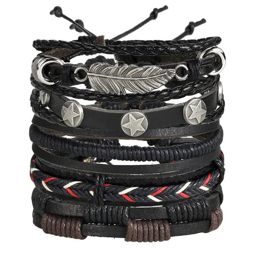 Mandotos layered leather charm bracelet with multiple leather strands and metal charm accents, stylish accessory for everyday wear.