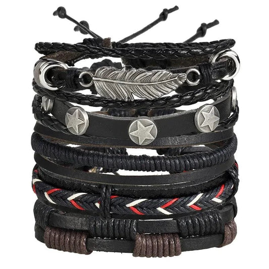 Mandotos layered leather charm bracelet with multiple leather strands and metal charm accents, stylish accessory for everyday wear.
