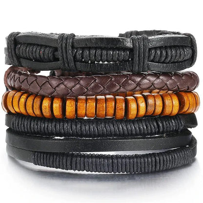 Layered leather charm bracelet by MANDOTOS with metal charms and adjustable strap, stylish accessory for casual wear.