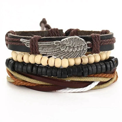 Mandotos layered leather charm bracelet with metal and leather accents, featuring multiple strands and decorative charms.