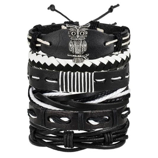 Mandotos layered leather charm bracelet with colorful beads and metal accents, showcasing boho style and adjustable fit.