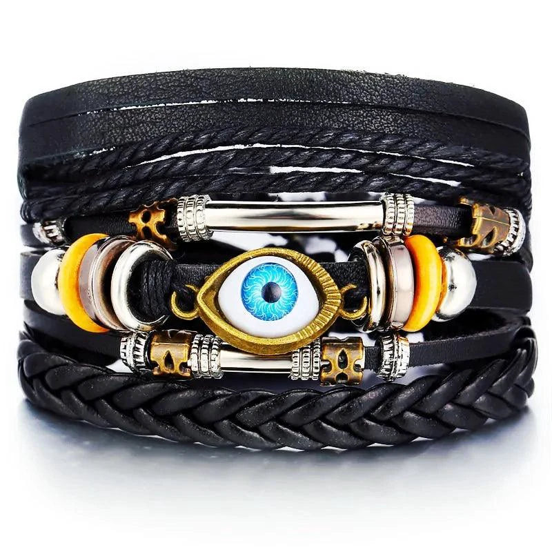 Mandotos layered leather charm bracelet with metal and leather accents, featuring multiple charms and a stylish design.